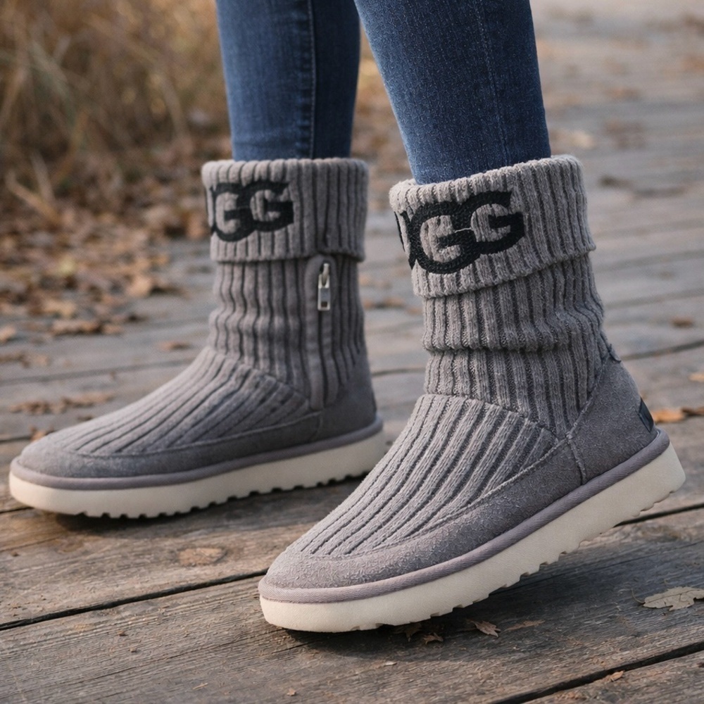 UGG Gray Knit Cuff Sock Ankle Boots Cozy Casual Winter Comfort Shoes Size 6